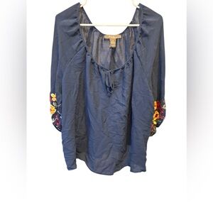 Olivia & Martin Embroidered Sleeve Navy Peasant Tunic with Tie Neck